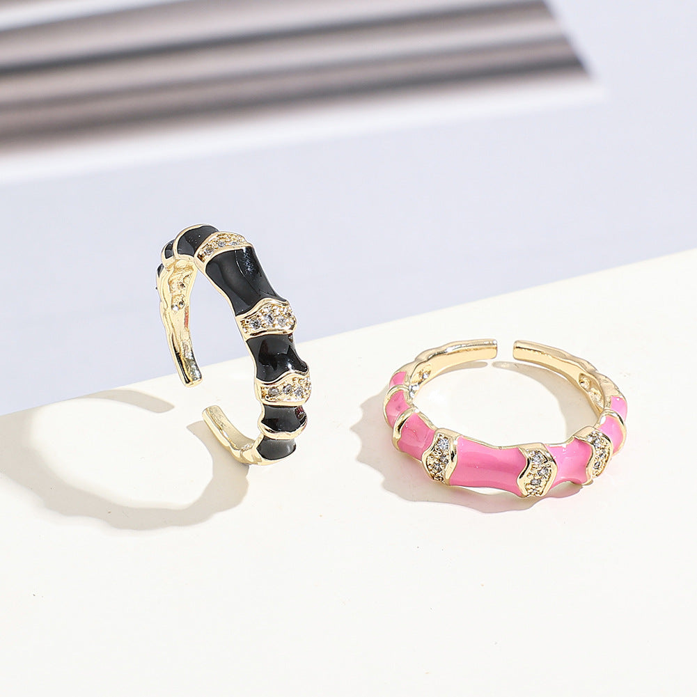 IG Style Geometric Enamel Zircon Adjustable Open Ring