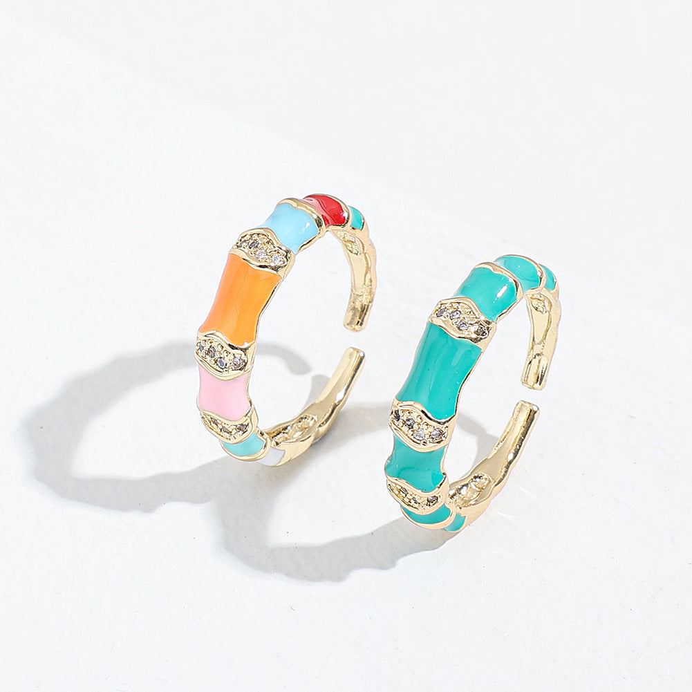 IG Style Geometric Enamel Zircon Adjustable Open Ring