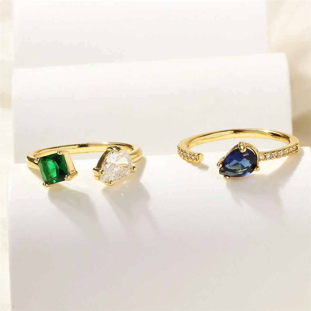 IG Style Korean Square Water Droplet Zircon 18K Gold Plated Adjustable Ring