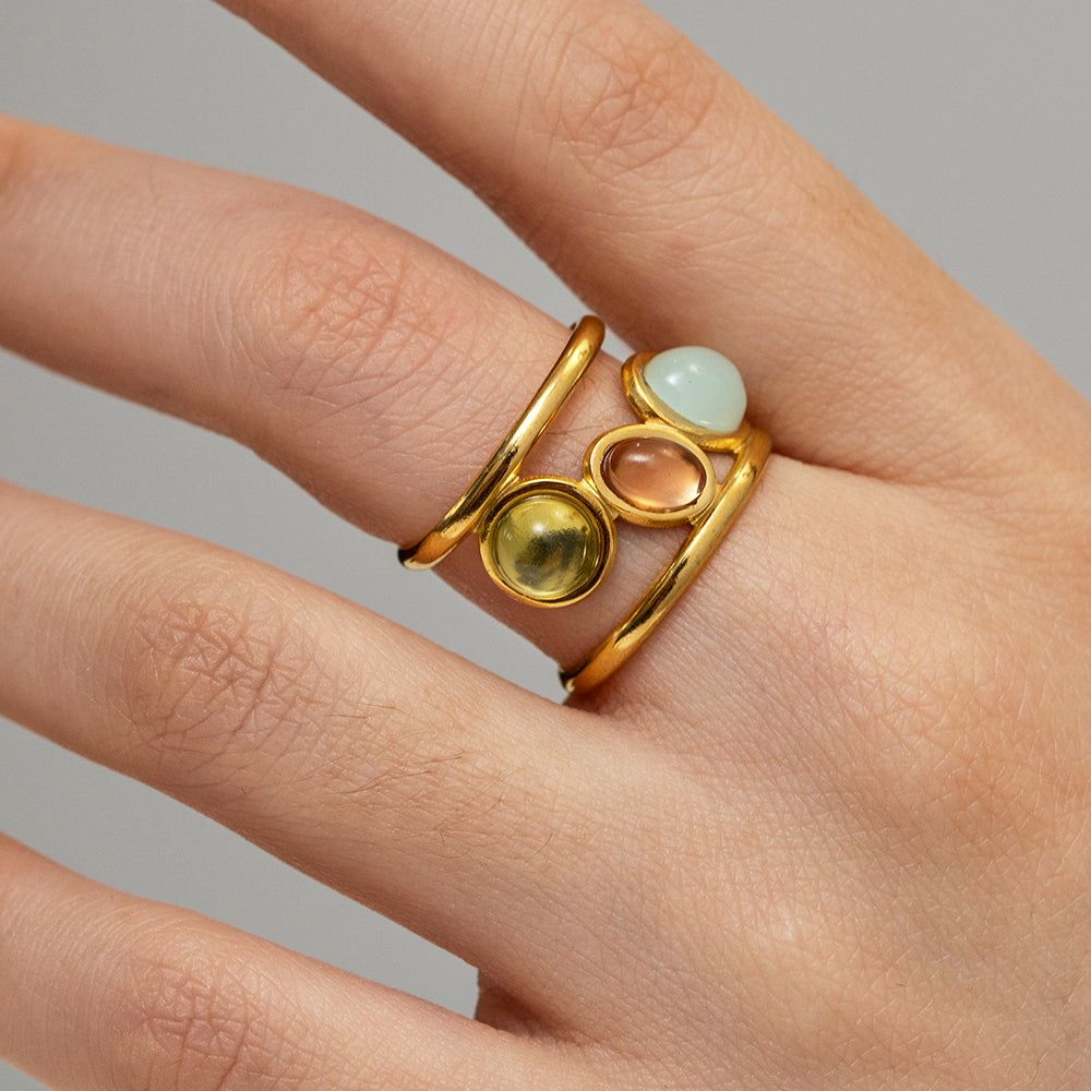 IG Style Retro Colorful 18K Gold Plated Adjustable Ring with Inlaid Glass and Natural Stones