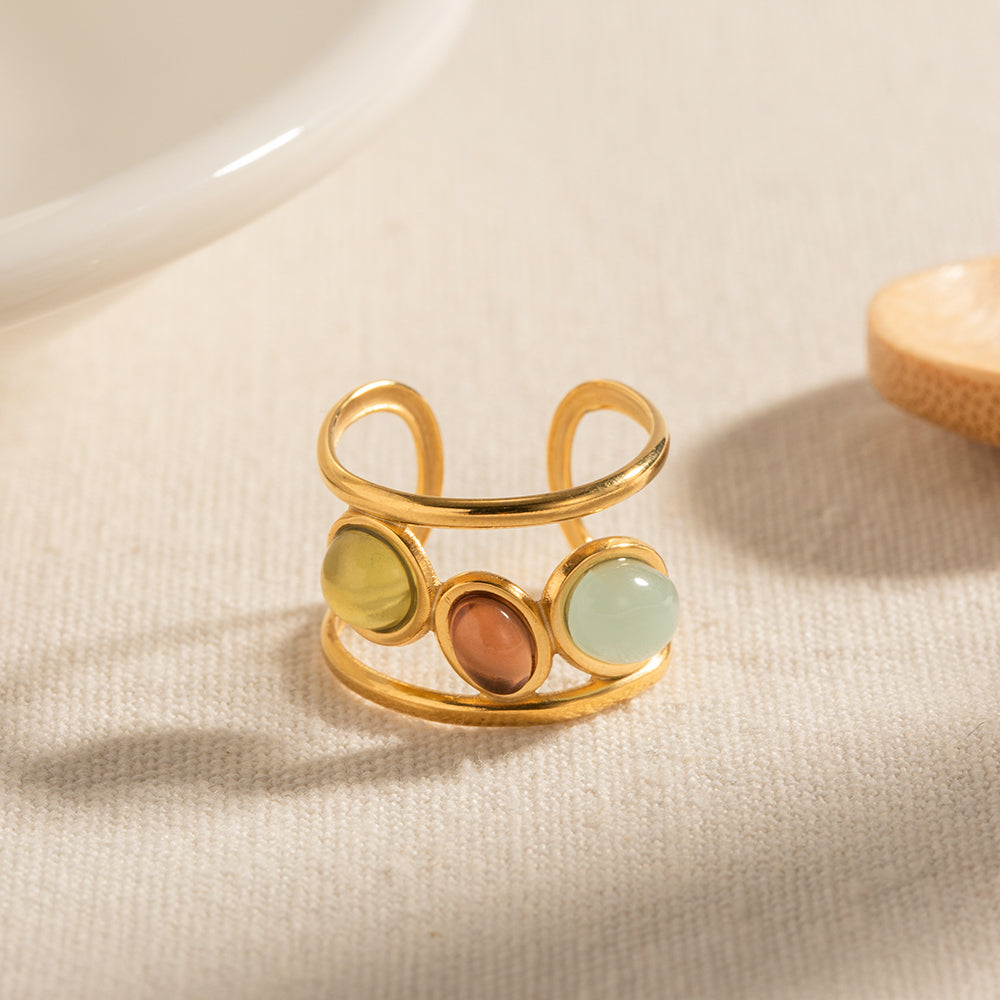 IG Style Retro Colorful 18K Gold Plated Adjustable Ring with Inlaid Glass and Natural Stones