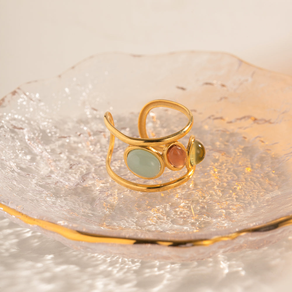 IG Style Retro Colorful 18K Gold Plated Adjustable Ring with Inlaid Glass and Natural Stones