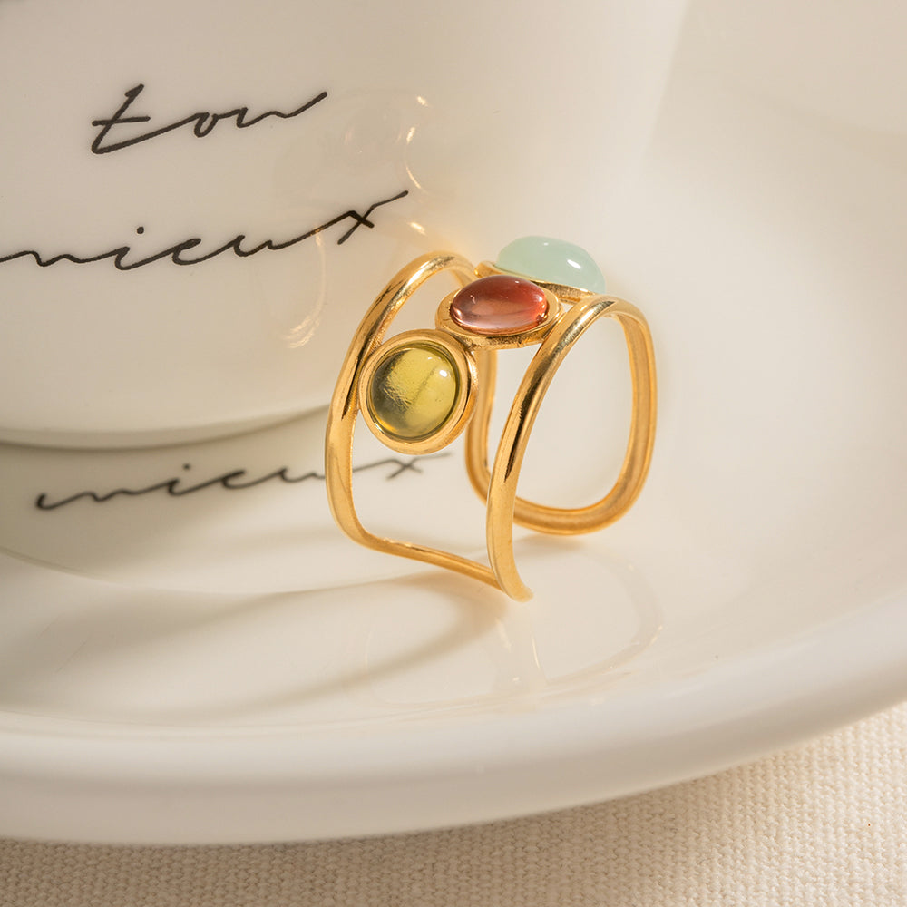 IG Style Retro Colorful 18K Gold Plated Adjustable Ring with Inlaid Glass and Natural Stones