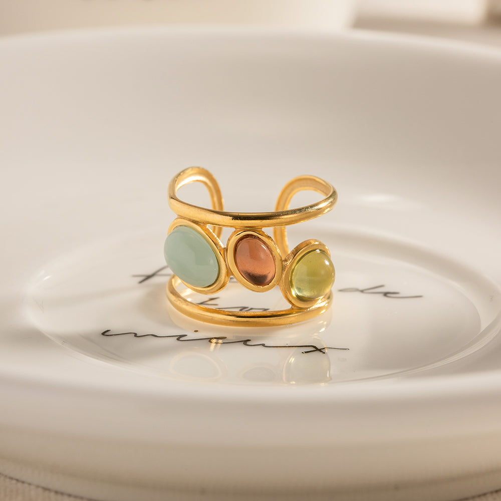 IG Style Retro Colorful 18K Gold Plated Adjustable Ring with Inlaid Glass and Natural Stones