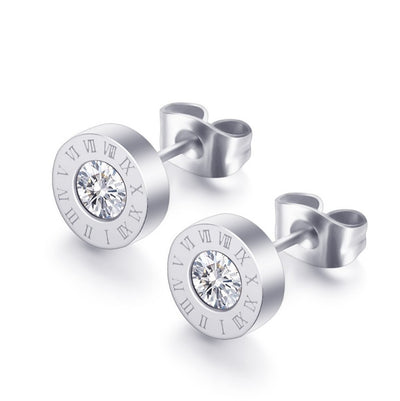 IG Style Roman Numerals Stainless Steel Rhinestone Couple Ear Studs