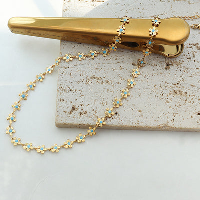 European American Gold Blue Floral Enamel Necklace and 18K Gold Plated Titanium Steel Bracelet Set