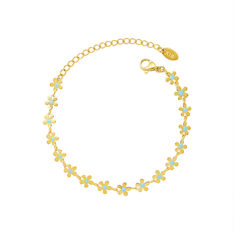 European American Gold Blue Floral Enamel Necklace and 18K Gold Plated Titanium Steel Bracelet Set