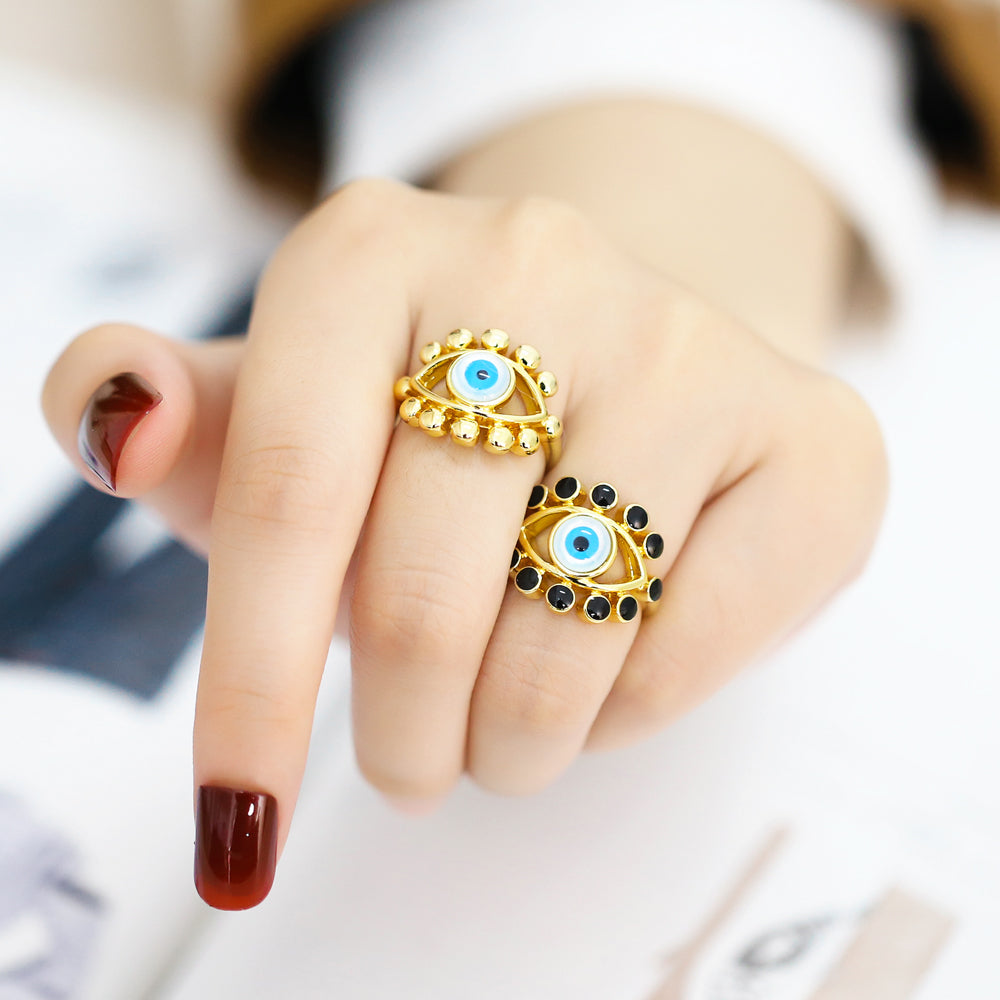 INS Style Evil Eye 18K Gold Plated Copper Open Ring - Vintage Turkish Design