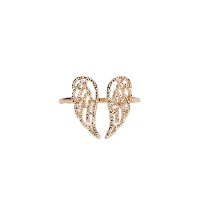 INS Style Angel Wings Zircon Inlay Gold Plated Open Ring