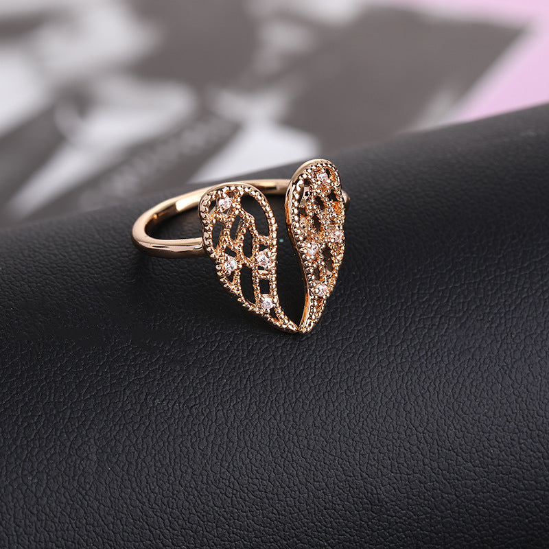 INS Style Angel Wings Zircon Inlay Gold Plated Open Ring