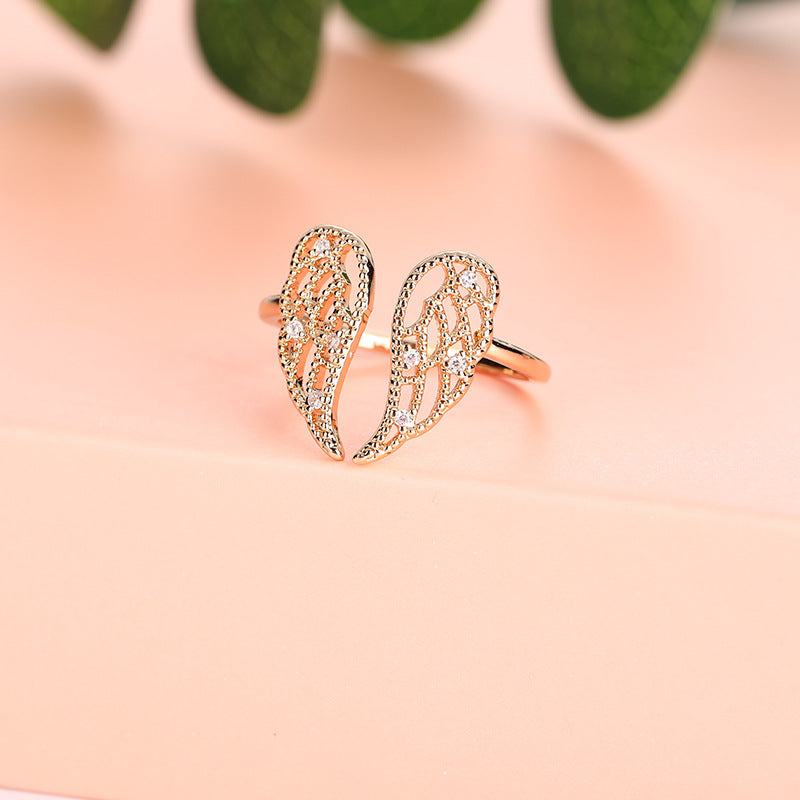 INS Style Angel Wings Zircon Inlay Gold Plated Open Ring