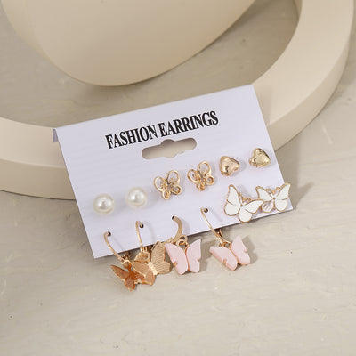 Independent Station Earrings Set Cross-Border Acrylic Butterfly Earrings Set 6 Pairs Creative Simple Pink Crystal Earrings