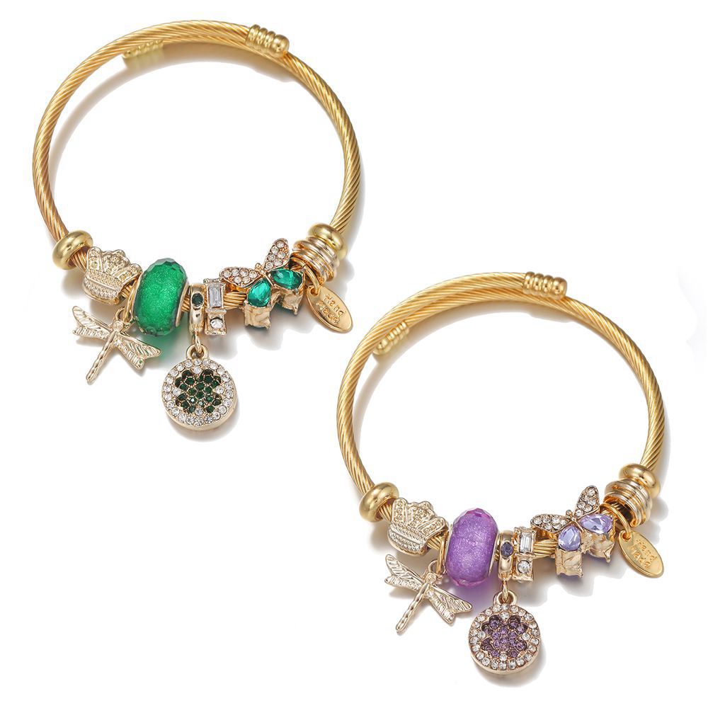 Japanese Style Dragonfly and Four-Leaf Clover Stainless Steel Gemstone Bangle Bracelet