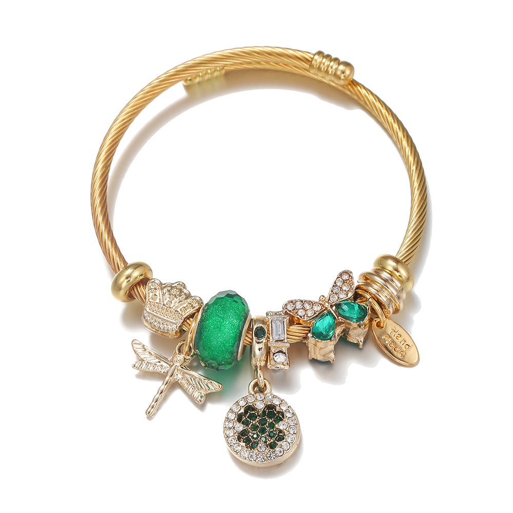 Japanese Style Dragonfly and Four-Leaf Clover Stainless Steel Gemstone Bangle Bracelet