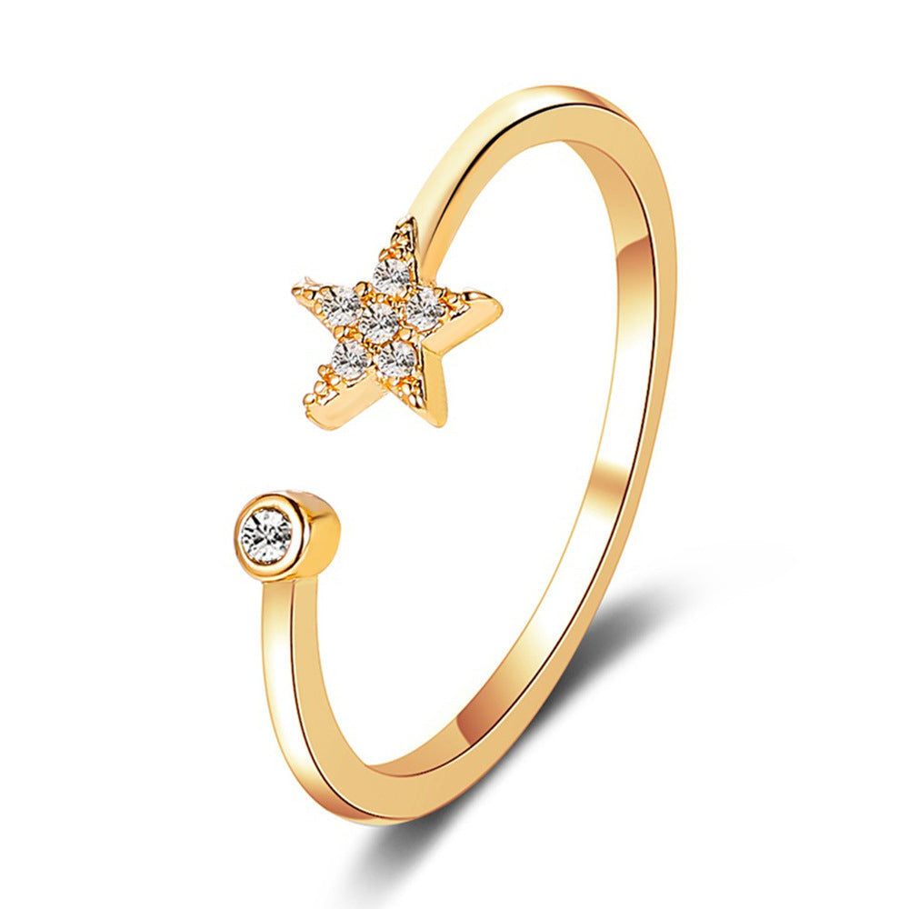 Korean Style Five-Pointed Star Diamond-Set Adjustable Ring for Women