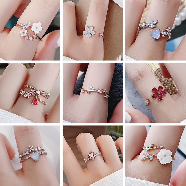 Korea Fashion Diamond Crystal Zircon Flower Ring Micro Inlaid Sweet Wild Love Flower Ring