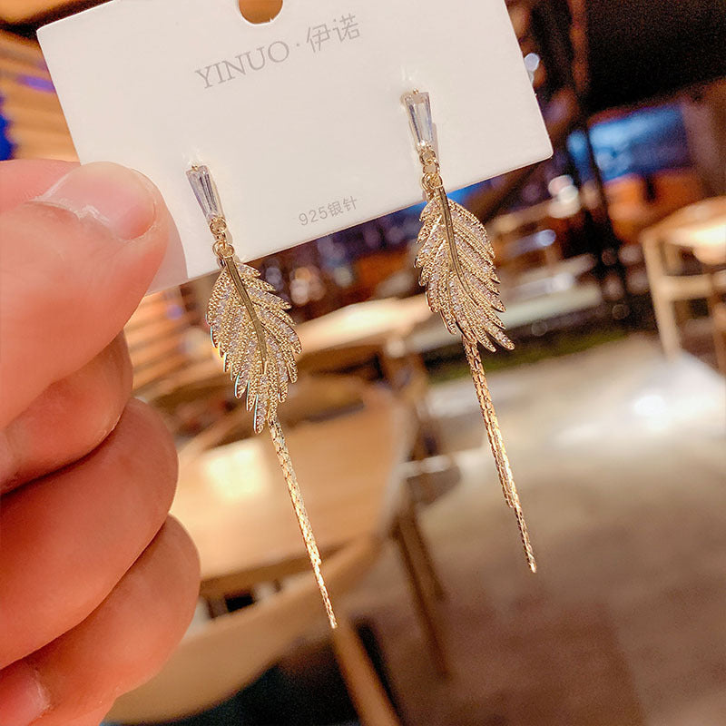 Korea Leaf Long Tassel Rhinestone Earrings