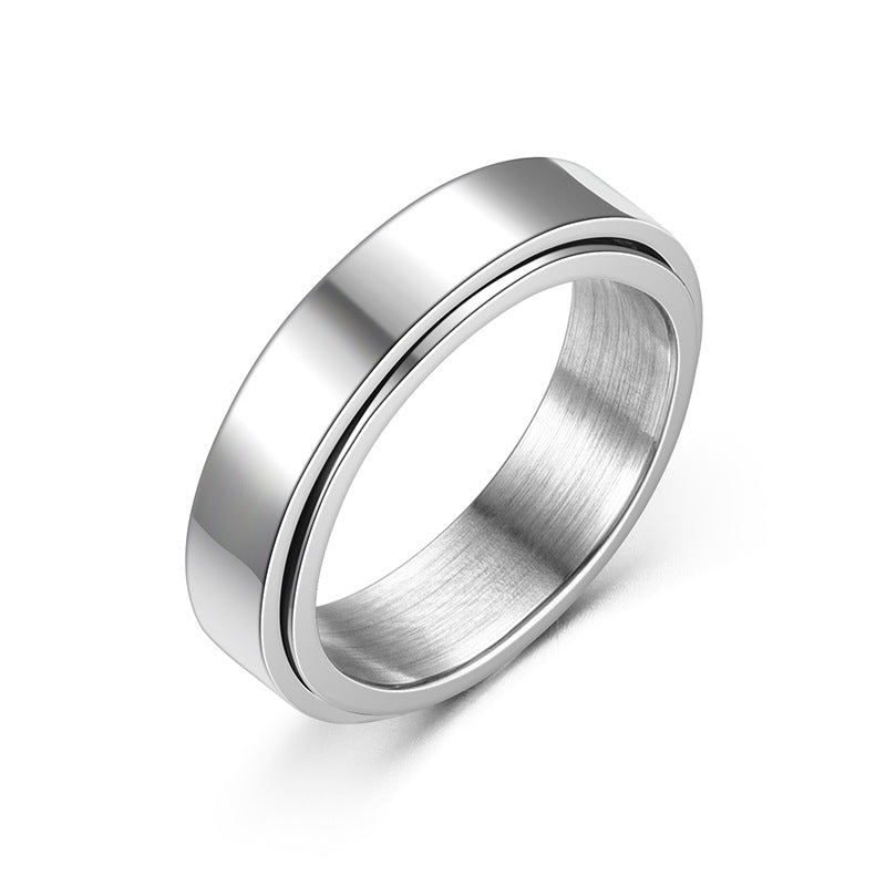 Korean Minimalist Stainless Steel Rotatable Ring - 6mm Engraved Brushed Silver Band for Couples