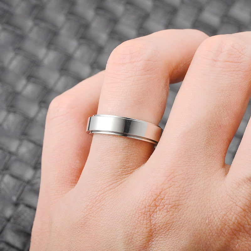 Korean Minimalist Stainless Steel Rotatable Ring - 6mm Engraved Brushed Silver Band for Couples