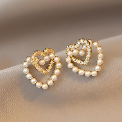 Korean Double Heart Pearl Earrings