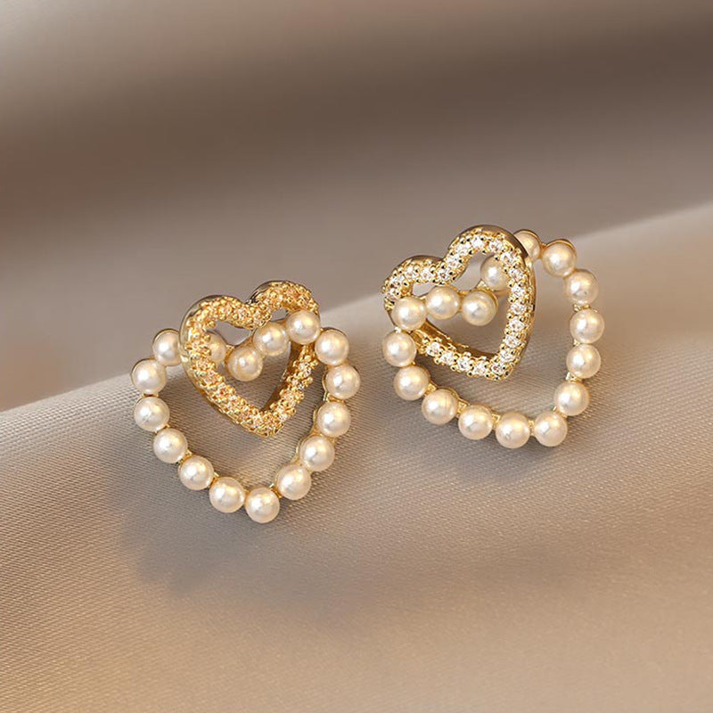 Korean Double Heart Pearl Earrings with S925 Silver Needle