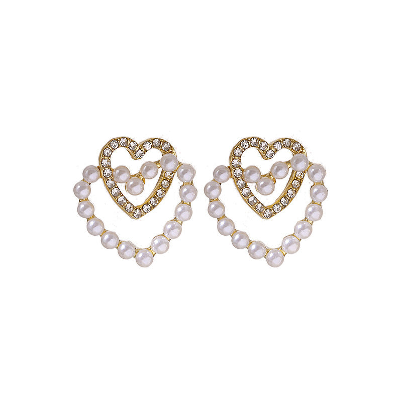 Korean Double Heart Pearl Earrings with S925 Silver Needle