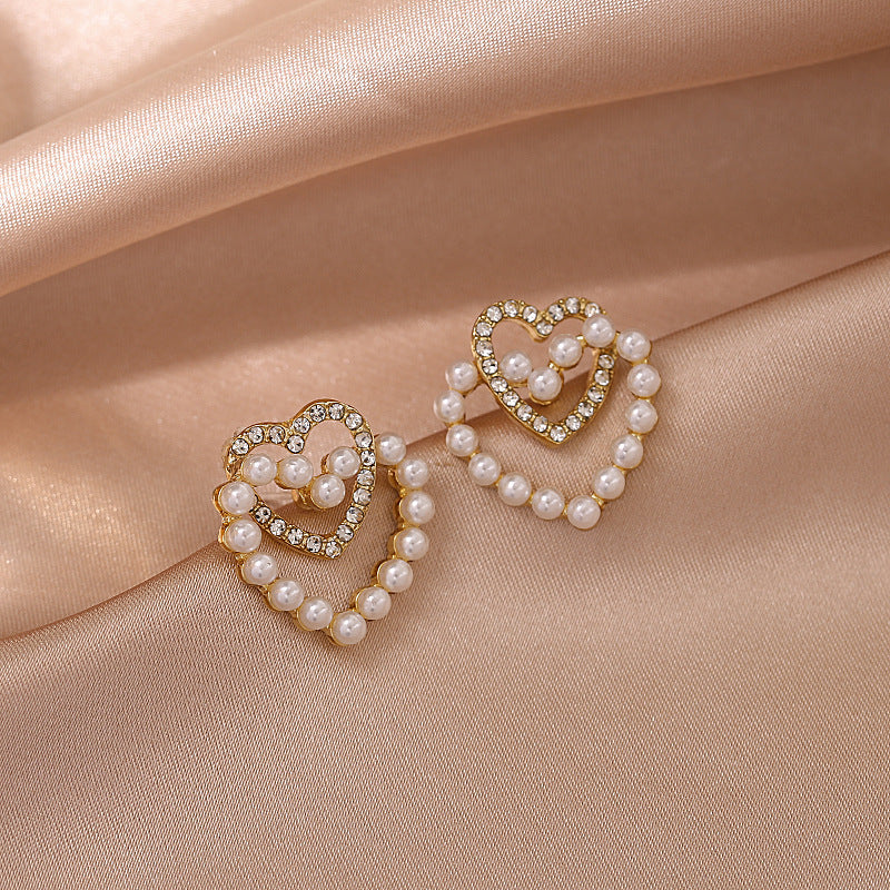 Korean Double Heart Pearl Earrings with S925 Silver Needle