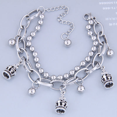 Korean Hip-hop Stainless Steel Bead Crown Double Layer Bracelet