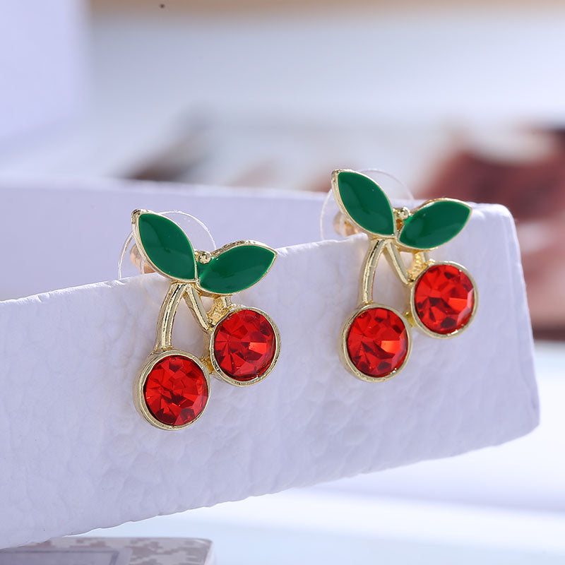 Korean Cherry Diamond Earrings for Women - 925 Silver Studs with Enamel Fruit Design