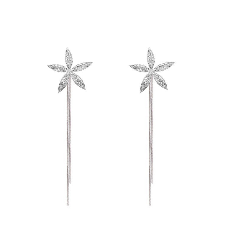 Korean Full Diamond Five-leaf Flower Long Tassel Earrings