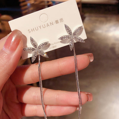 Korean Full Diamond Five-leaf Flower Long Tassel Earrings