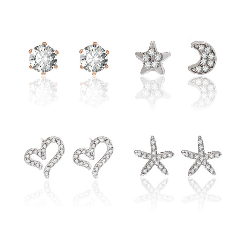 Korean New Fashion Diamond Heart Earrings Zircon Peach Heart Moon Stars Sweet Full Diamond Love Earrings