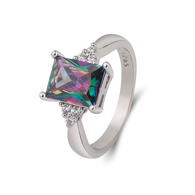 Korean Square Colorful Stone Micro-inlaid Color Zircon European And American Wild Ring