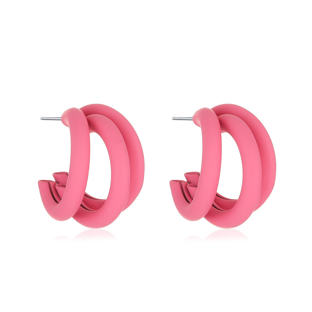 Korean Style Candy Color Circle Earrings Geometric Three-Layer Half Ring Alloy Earrings