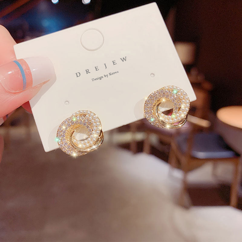 Korean Style Geometric Round Diamond-studded Pearl Winding Earrings