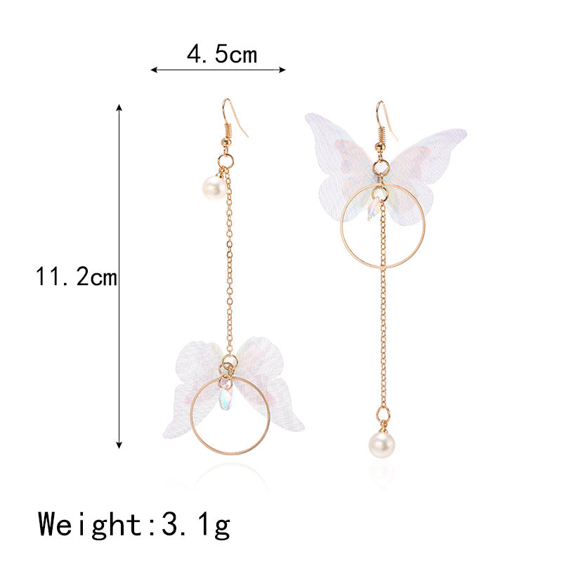 Korean Super Fairy Asymmetric Butterfly Long Tassel Earrings Circle Pearl Zircon Earrings Retro Simple Earrings