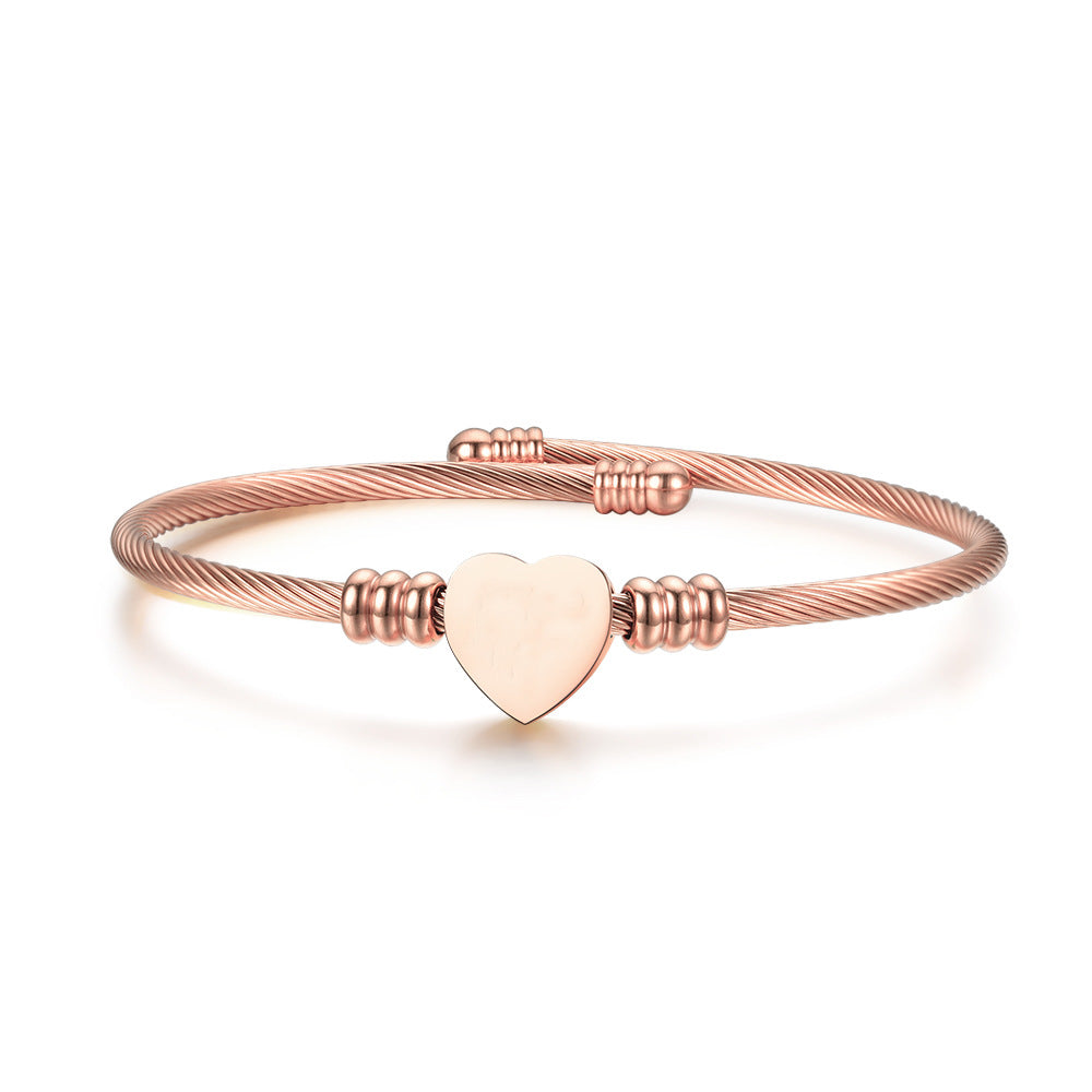 Heart Shape Stainless Steel Cable Bangle Bracelet