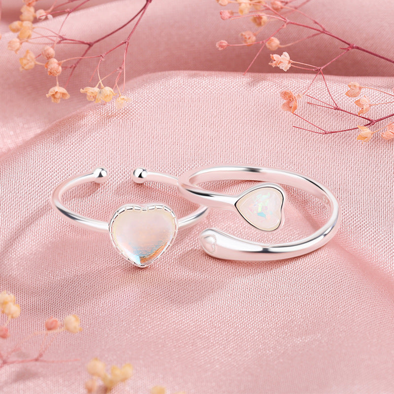 Heart Shape Sterling Silver Moonstone & Pearl Open Ring