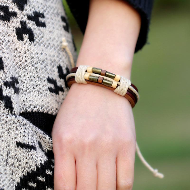 Retro Woven Leather Bracelet with Bronze Spring Wood Beads