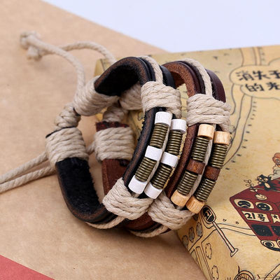 Retro Woven Leather Bracelet with Bronze Spring Wood Beads