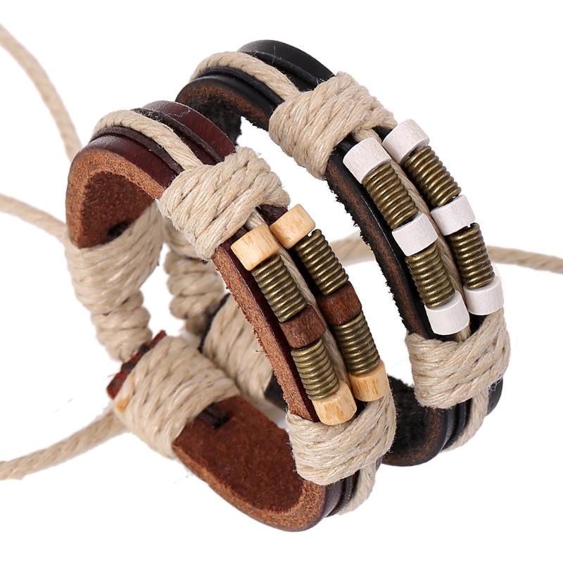 Retro Woven Leather Bracelet with Bronze Spring Wood Beads