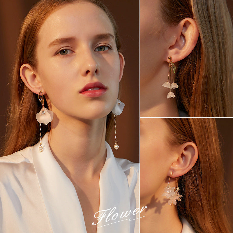 Long Crystal Petal Tassel Earrings