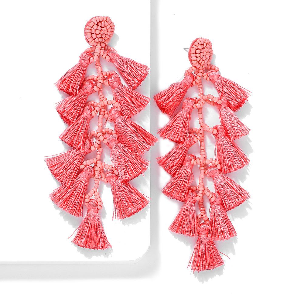 Bohemian Hand-Knitted Rice Beads Fan Tassel Earrings