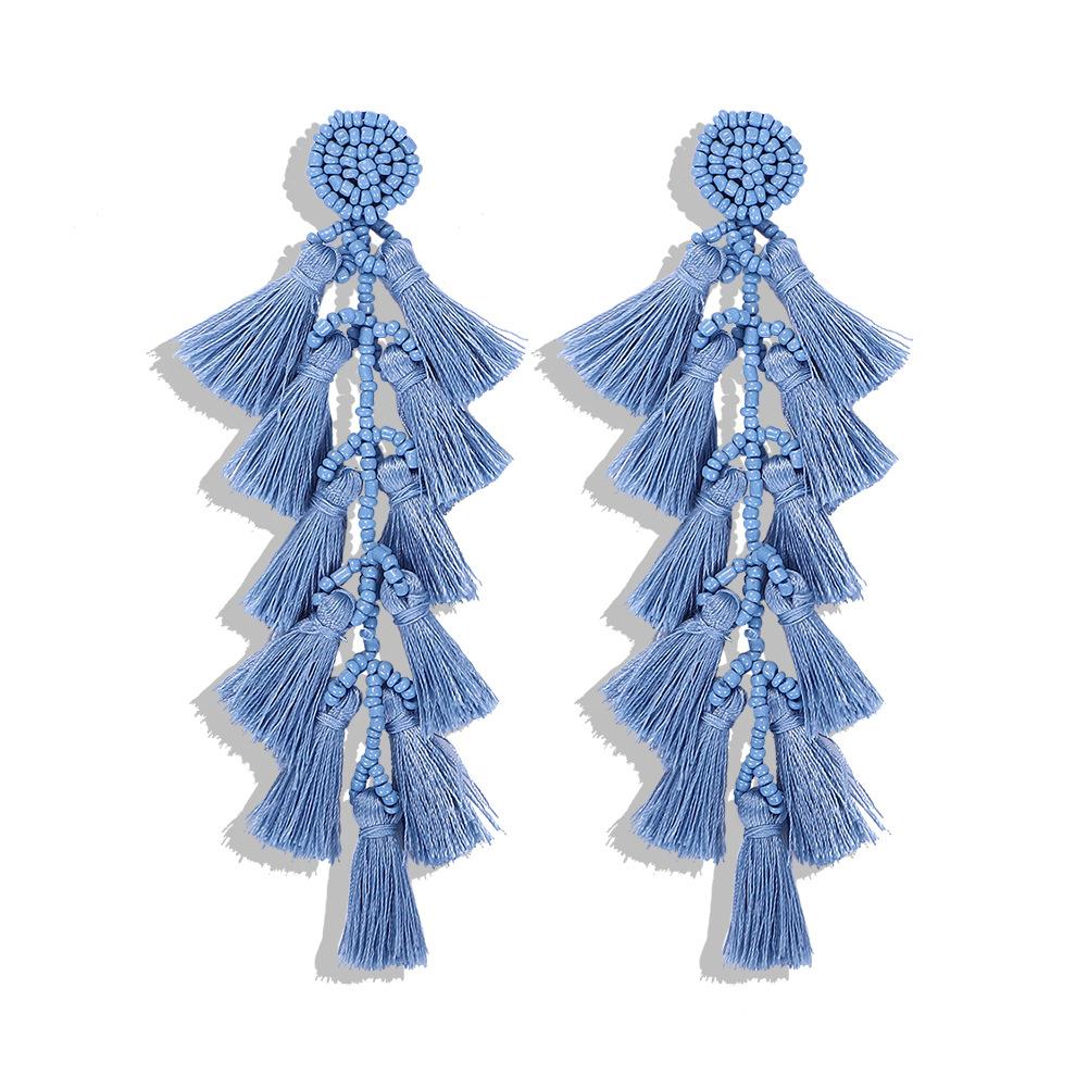 Bohemian Hand-Knitted Rice Beads Fan Tassel Earrings