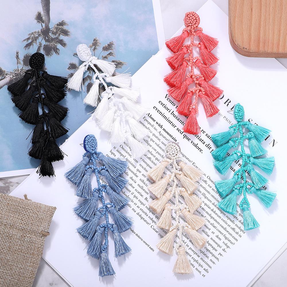 Long Hand-knitted Rice Beads Tassel Earrings NHJQ141840