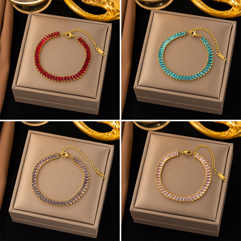 Luxurious Geometric Zircon Inlay 18K Gold Plated Stainless Steel Tennis Bracelet