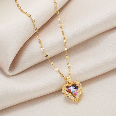 Luxurious Heart Shape Titanium Steel Gold Plated Artificial Crystal Pendant Necklace