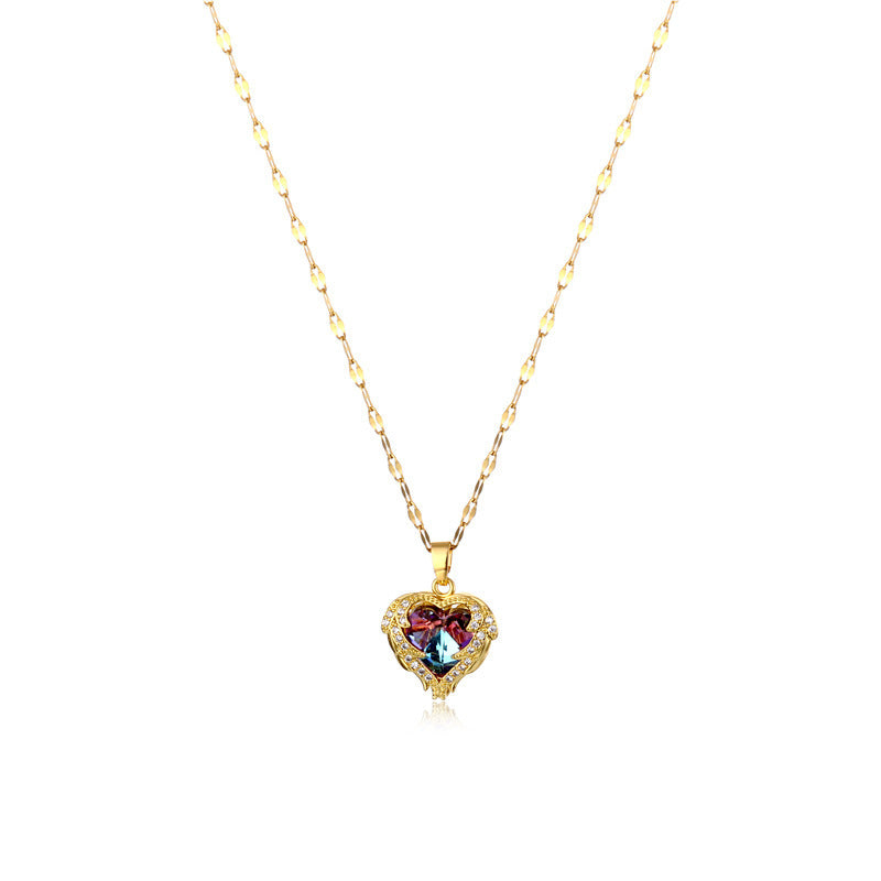 Luxurious Heart Shape Titanium Steel Gold Plated Artificial Crystal Pendant Necklace