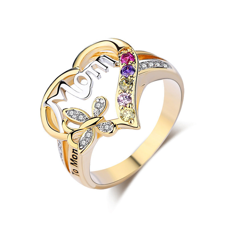 MAMA Heart Shaped Rhinestone Mother's Day Ring with Butterfly Design