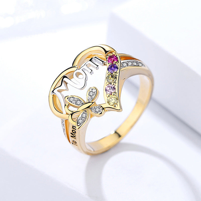 MAMA Heart Shaped Rhinestone Mother's Day Ring with Butterfly Design